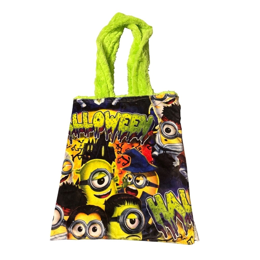 Reversible Minions Halloween Plush Tote Bag Fuzzy Lime Green Trick or Treat - Picture 3 of 15